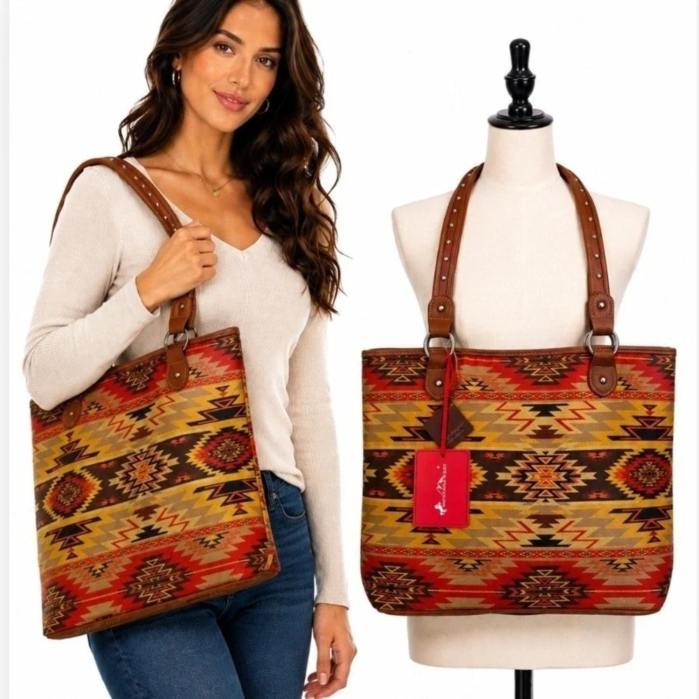 Montana West Aztec Tote Large Multicolor Southwestern Striped Studded Canvas New